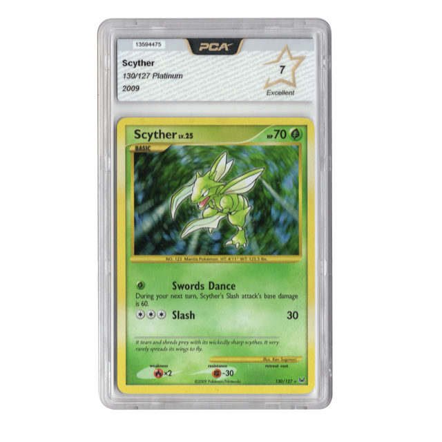 Pokémon kaart Scyther Holo Secret Rare Platinum 130/127 Engels, voorkant in PCA-houder met cijfer 7 Excellent, tweedehands