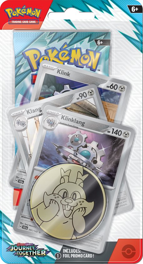 Pokémon SV09 Journey Together premium checklane blister Klinklang, verpakking voorkant met drie kaarten en munt
