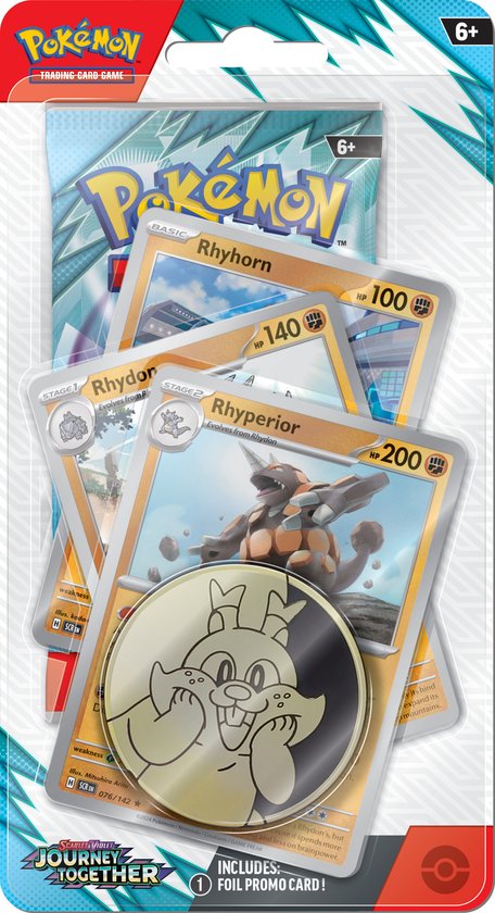 Pokémon SV09 Journey Together premium checklane blister Rhyperior, verpakking voorkant met booster, drie kaarten en munt