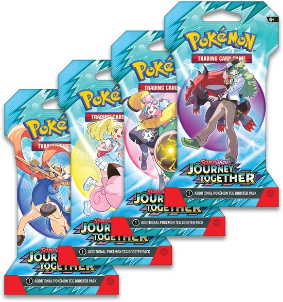 Pokémon SV09 Journey Together sleeved booster, vier verpakkingen met verschillende illustraties uitgewaaierd
