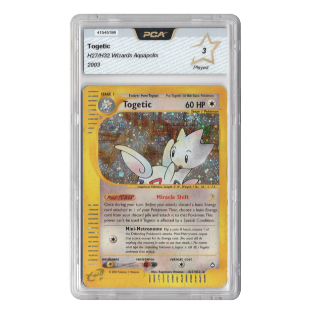 Pokémon kaart Togetic Holo Aquapolis H27/H32 Engels, voorkant in PCA-houder met cijfer 3 Played, tweedehands
