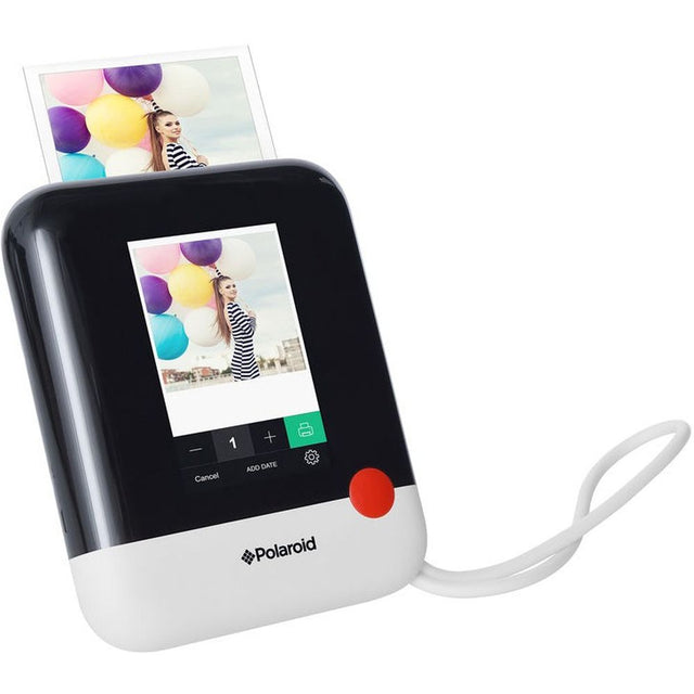 Polaroid POP instant print digitale camera, wit, achterkant met touchscreen, wit polsbandje en uitkomende print