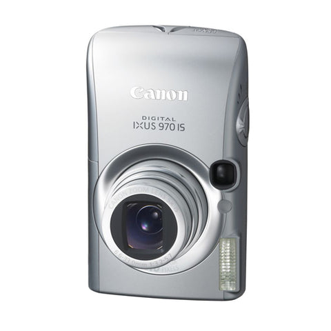 Canon Digital IXUS 970 IS digitale compactcamera, zilver, voorkant rechtop met uitgeschoven zoomlens