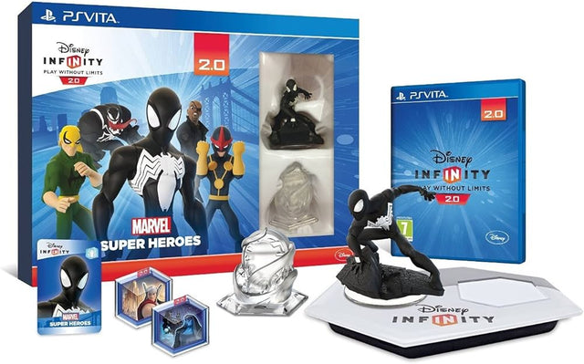 PlayStation Vita Disney Infinity 2.0 Marvel Super Heroes Starter Pack, overzicht van doos, spel, basis en Spider-Man