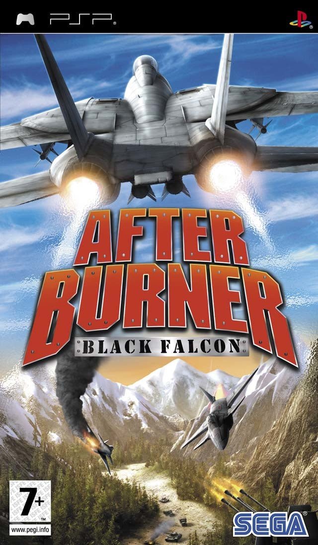 PlayStation Portable PSP After Burner Black Falcon van Sega, doos voorkant met straaljagers boven bergen, tweedehands