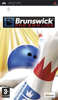 PlayStation Portable PSP Brunswick Pro Bowling van 505 Games, doos voorkant met een blauwe bowlingbal en kegel, tweedehands