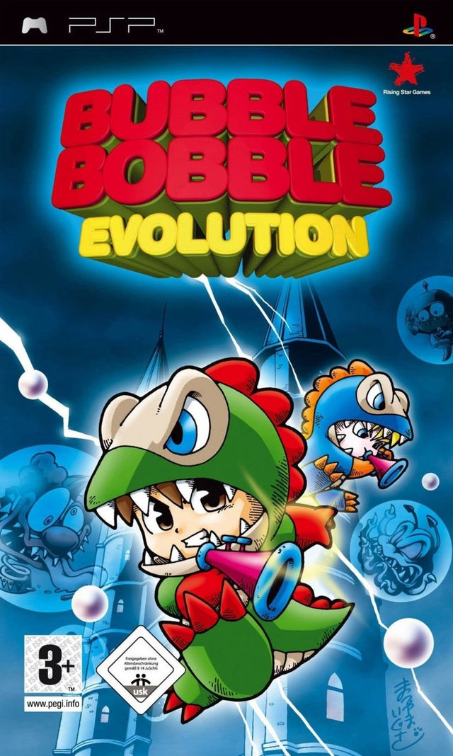 PlayStation Portable PSP Bubble Bobble Evolution van Rising Star Games, doos voorkant met een jongen als draak, tweedehands