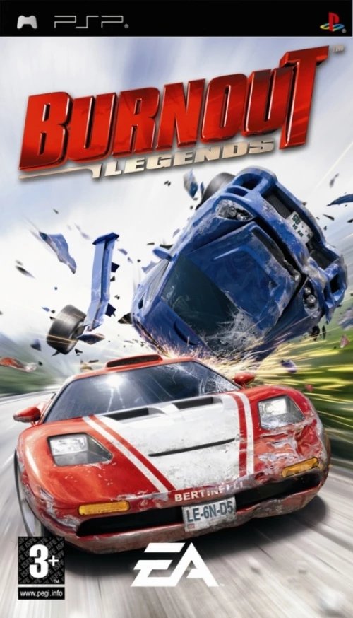 PlayStation Portable PSP Burnout Legends van EA, doos voorkant met een crashende blauwe auto, tweedehands