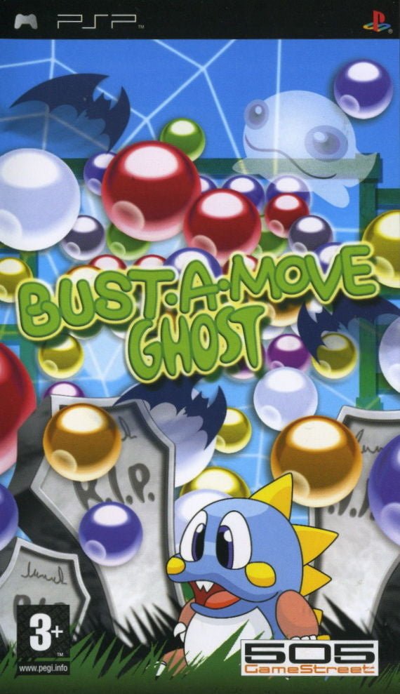 PlayStation Portable PSP Bust-A-Move Ghost van 505 Games, doos voorkant met gekleurde bellen en een draakje, tweedehands