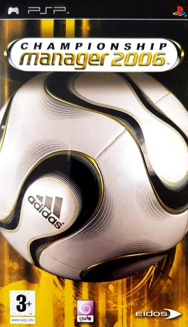 PlayStation Portable PSP Championship Manager 2006 van Eidos, doos voorkant met een wit-gouden adidas-bal, tweedehands