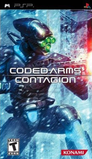 PlayStation Portable PSP Coded Arms Contagion van Konami, ESRB-hoes met een soldaat met groene nachtkijker, tweedehands
