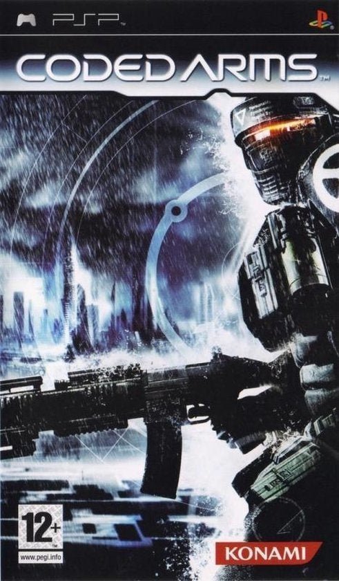 PlayStation Portable PSP Coded Arms van Konami, doos voorkant met een soldaat in de regen, tweedehands