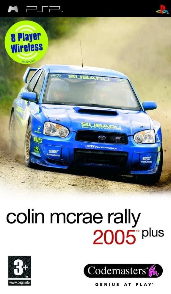 PlayStation Portable PSP Colin McRae Rally 2005 Plus van Codemasters, doos voorkant met een blauwe Subaru, tweedehands