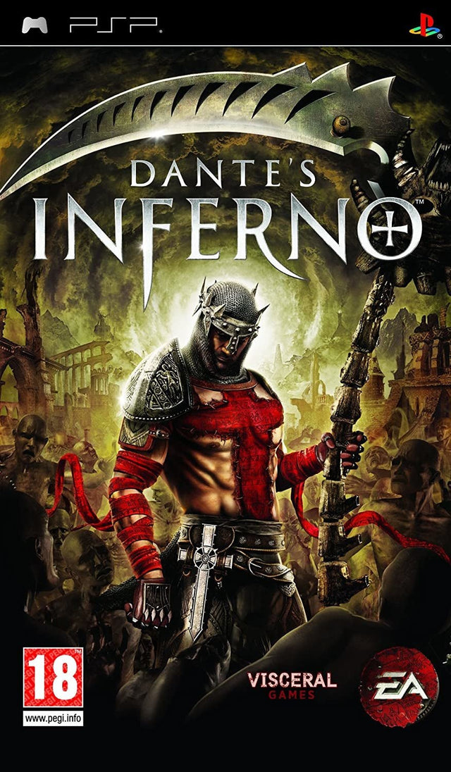 PlayStation Portable PSP Dante's Inferno van EA, doos voorkant met Dante en zijn zeis, tweedehands