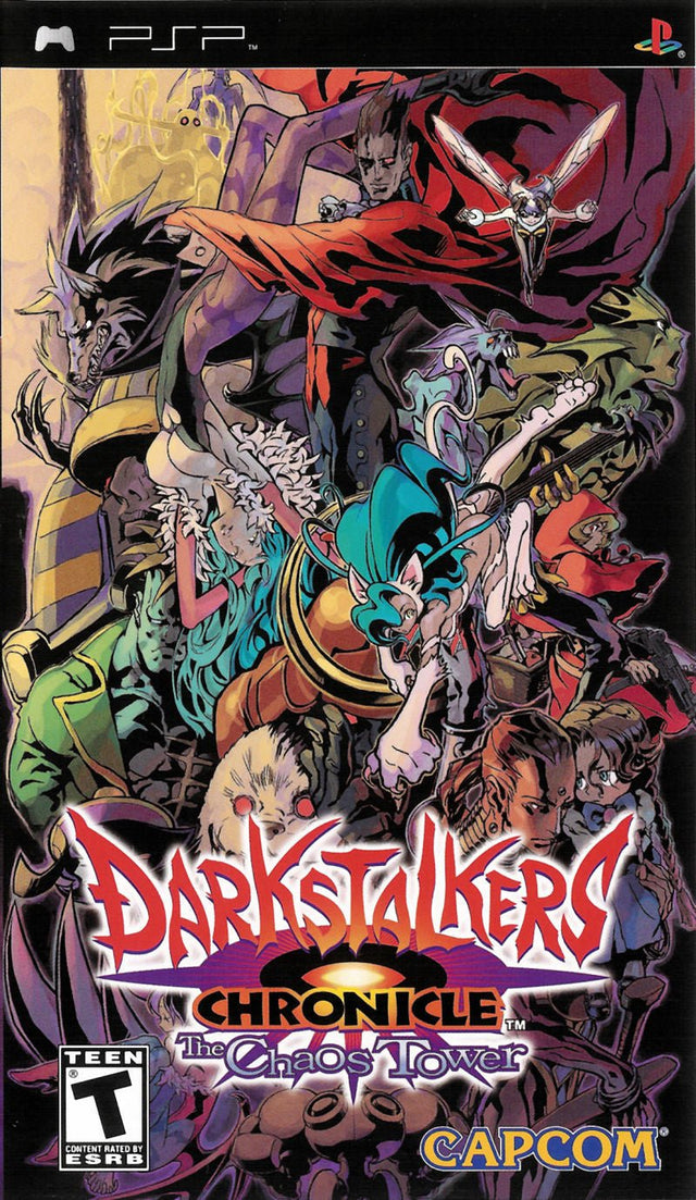 PlayStation Portable PSP Darkstalkers Chronicle The Chaos Tower van Capcom, ESRB-hoes met een menigte monsters, tweedehands