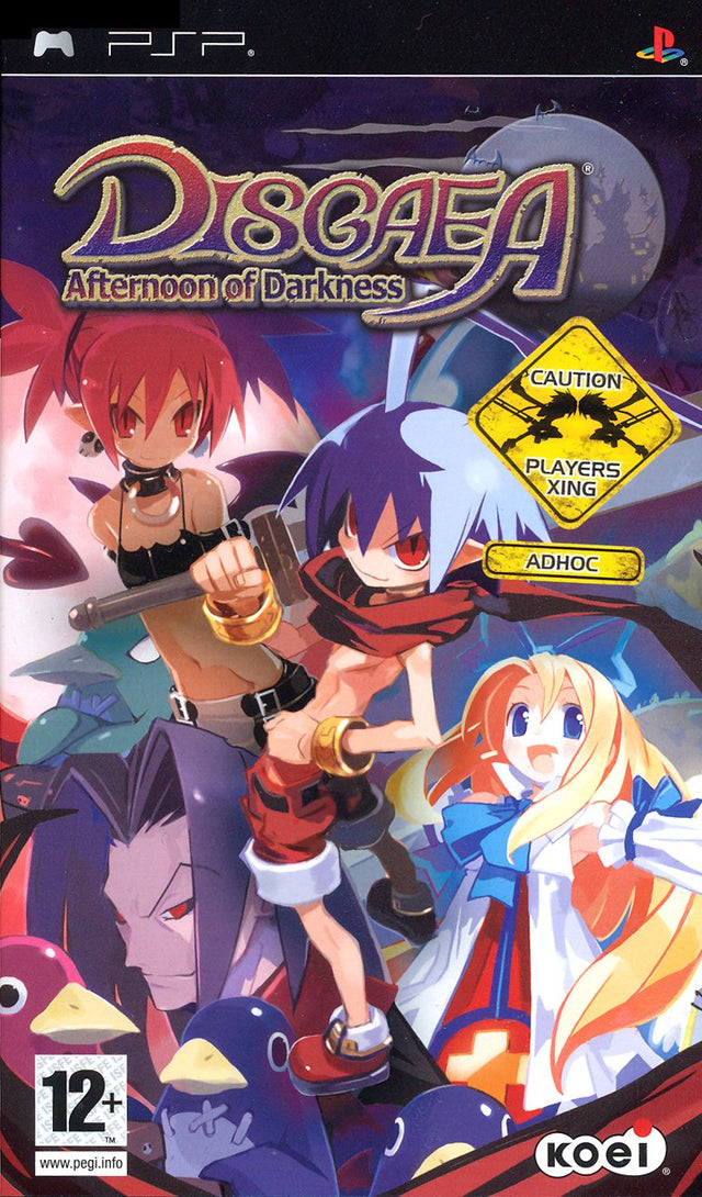 PlayStation Portable PSP Disgaea Afternoon of Darkness van Koei, doos voorkant met Laharl en Etna, tweedehands