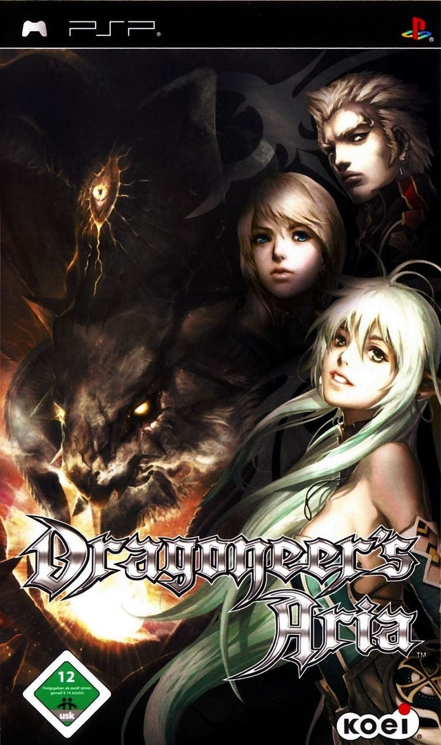 PlayStation Portable PSP Dragoneer's Aria van Koei, hoes met USK-logo, drie helden en een draak, tweedehands