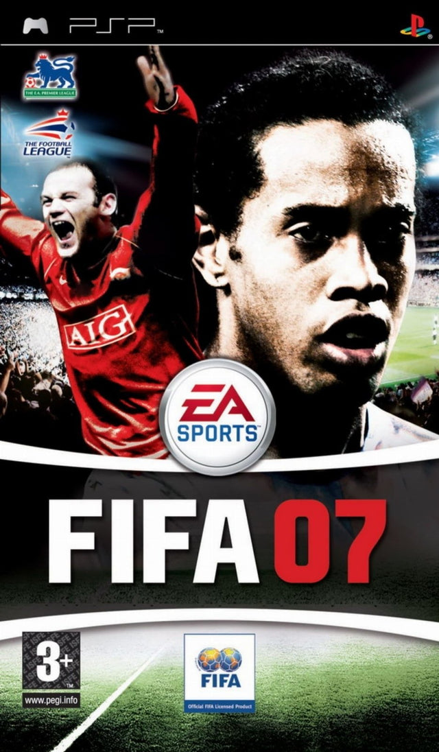 PlayStation Portable PSP FIFA 07 van EA Sports, doos voorkant met Ronaldinho en Rooney, tweedehands