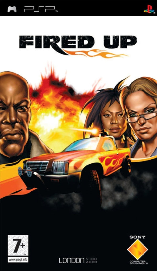 PlayStation Portable PSP Fired Up van Sony, doos voorkant met drie figuren en een pick-up met vlammen, tweedehands