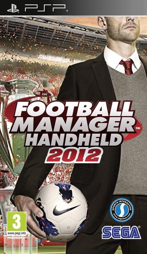 PlayStation Portable PSP Football Manager Handheld 2012 van Sega, voorlopige hoes met manager, bal en beker, tweedehands