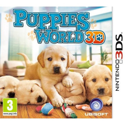 Nintendo 3DS Puppies World 3D, doos voorkant met blonde puppy's op een houten vloer, tweedehands