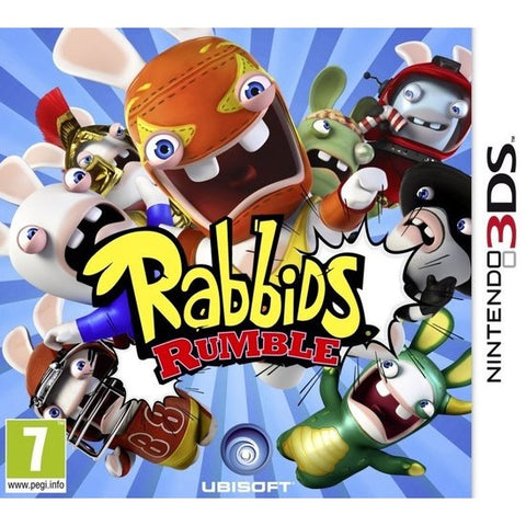 Nintendo 3DS Rabbids Rumble van Ubisoft, doos voorkant met schreeuwende Rabbids in kostuums, tweedehands