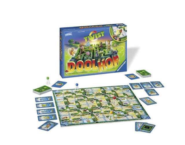 Ravensburger Betoverde Doolhof Twist kinderspel, doos met uitgestald speelbord en kaarten