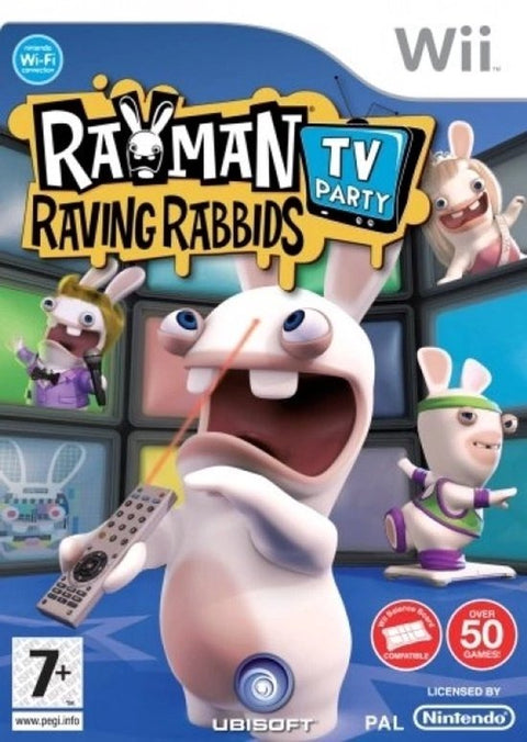 Nintendo Wii Rayman Raving Rabbids TV Party van Ubisoft, doos voorkant met konijn en afstandsbediening, tweedehands