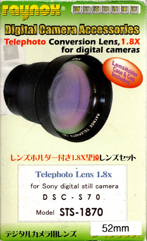 Raynox Digital Telephoto Lens 1.8x voor Sony DSC-S70, doos voorkant met model STS-1870 en 52mm