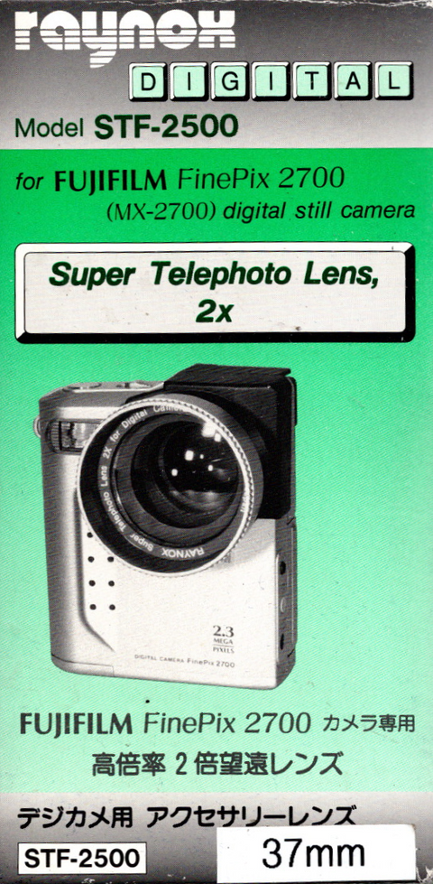 Raynox Super Telephoto Lens 2x STF-2500 voor Fujifilm FinePix 2700, doos voorkant met camera-afbeelding en 37mm