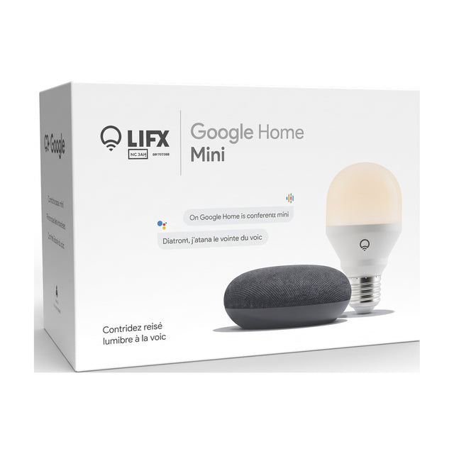 Google Home Mini 1e generatie bundel met Mini White E27 lamp, zwart Charcoal, doos voorkant