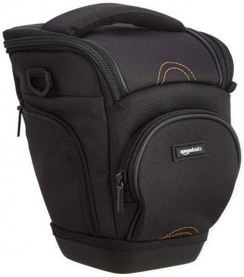 Amazon Basics holster SLR schoudertas, zwart, cameratas met oranje stiksels, handvat en voorvak