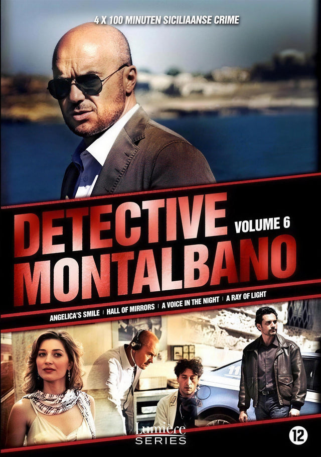 Detective Montalbano Volume 6 dvd, hoes voorkant met Montalbano met zonnebril en vier scènes uit de serie