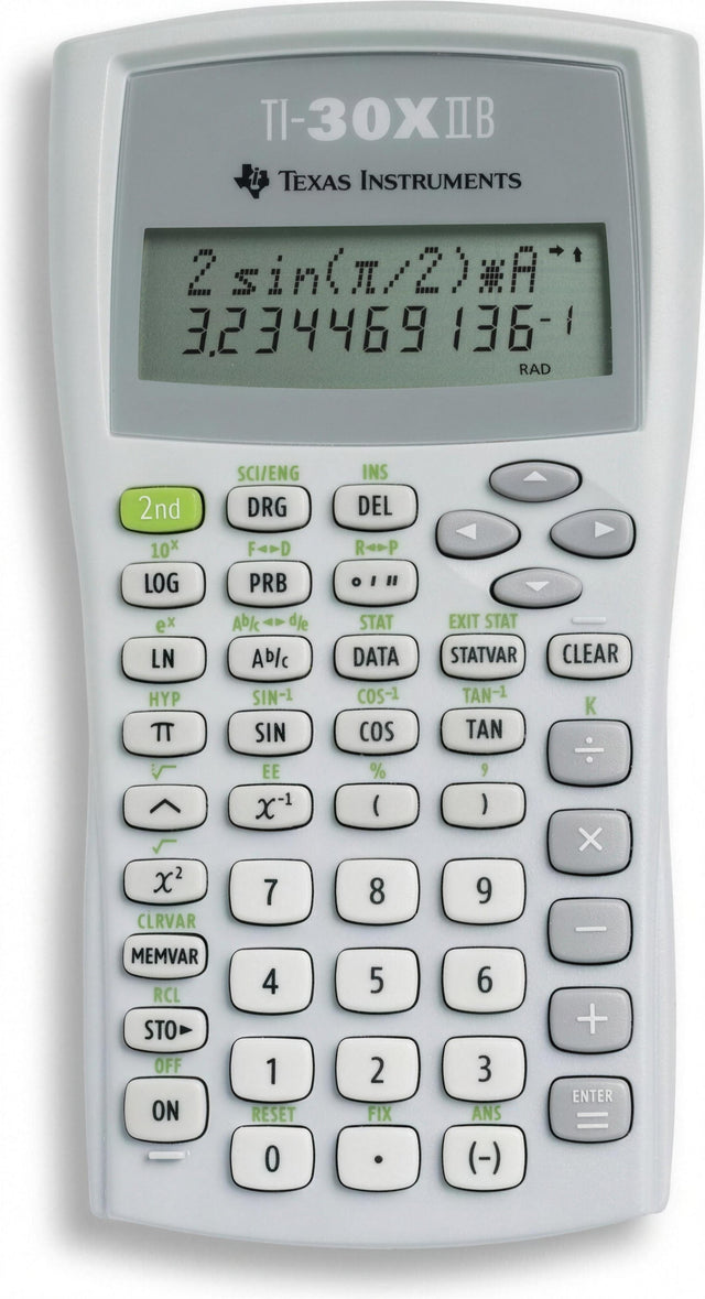 Texas Instruments TI-30X IIB wetenschappelijke rekenmachine, lichtgrijs, voorkant met som op het display, tweedehands