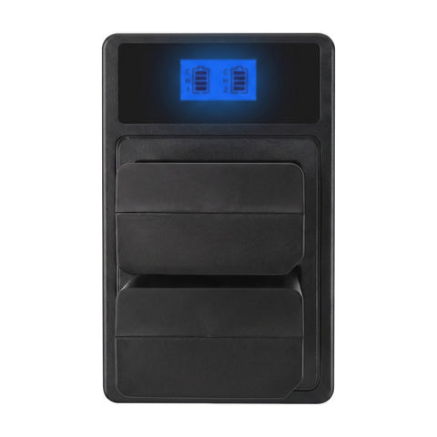 Acculader voor Sony NP-FA50 en NP-FA70, zwarte dubbele lader met blauw verlicht display en twee accus in de vakken