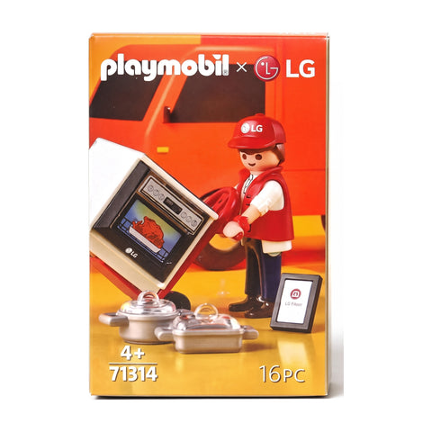 Playmobil LG Henry Bezorger 71314, doos voorkant met de bezorger en LG-televisie