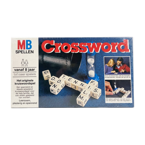 MB Crossword Het originele kruiswoordspel, doos voorkant met letterdobbelstenen en zandloper, nieuw in verpakking