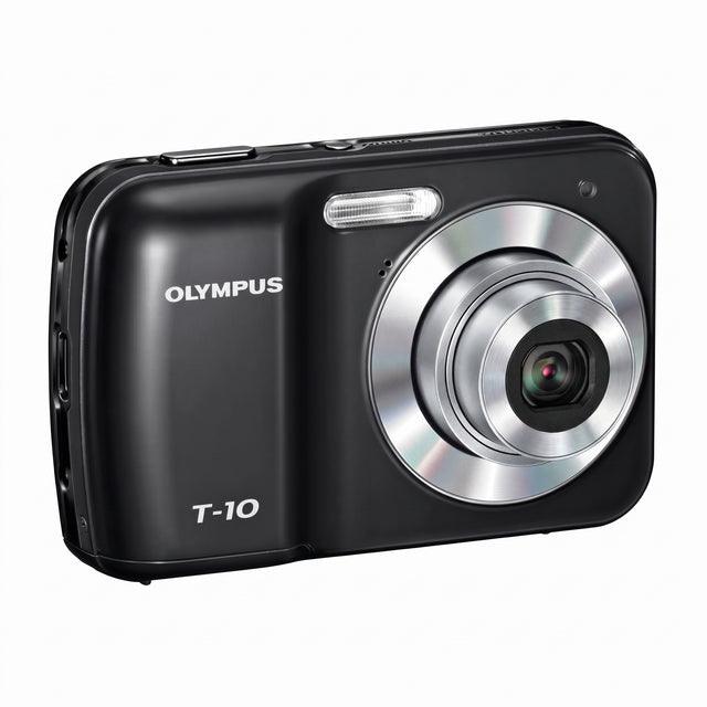 Olympus T-10 digitale compactcamera, zwart, voorkant met 3x zoomlens