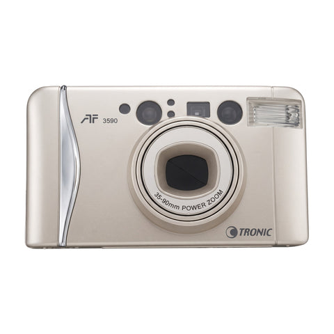 Tronic AF 3590 35mm zoom point and shoot filmcamera zilver, voorkant met 35-90mm Power Zoom lens