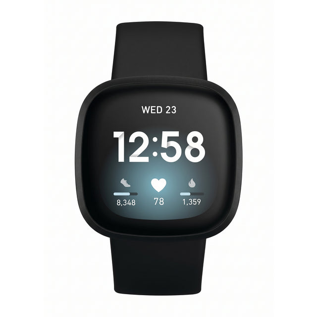 Fitbit Versa 3 smartwatch - Zwart/Zwart Aluminium, zwarte aluminium kast met zwarte siliconen band, vooraanzicht