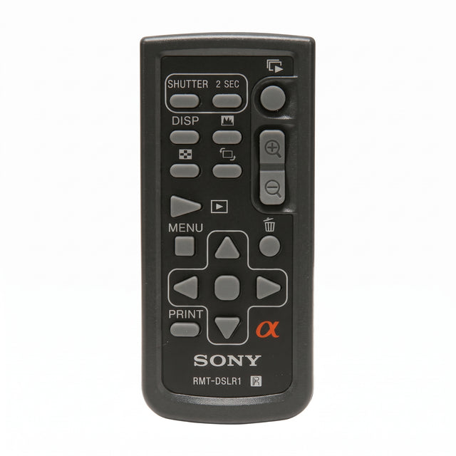 Sony RMT-DSLR1 draadloze afstandsbediening voor Alpha, zwart, voorkant met SHUTTER- en 2 SEC-knop