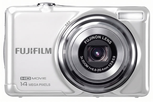 Fujifilm FinePix JV500 digitale compactcamera, wit, voorkant met 3x Fujinon-zoomlens en 14 megapixel