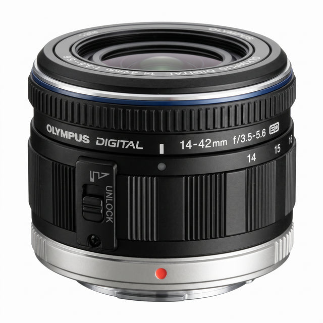 Olympus M.Zuiko Digital ED 14-42mm f/3.5-5.6 lens voor Micro Four Thirds, zwart, zijkant met opschrift en vergrendelschuif