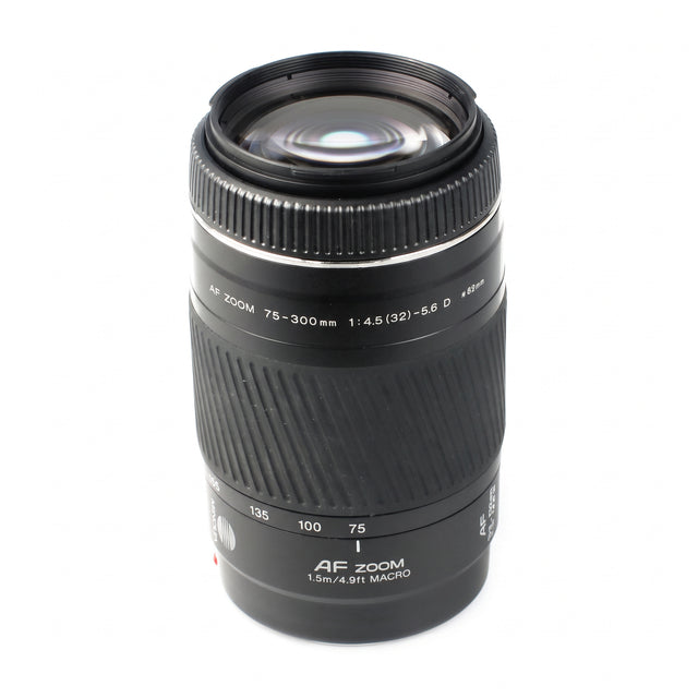 Minolta AF Zoom 75-300mm f/4.5-5.6 D lens voor Minolta AF en Sony A zwart, staand vooraanzicht met frontlens, tweedehands