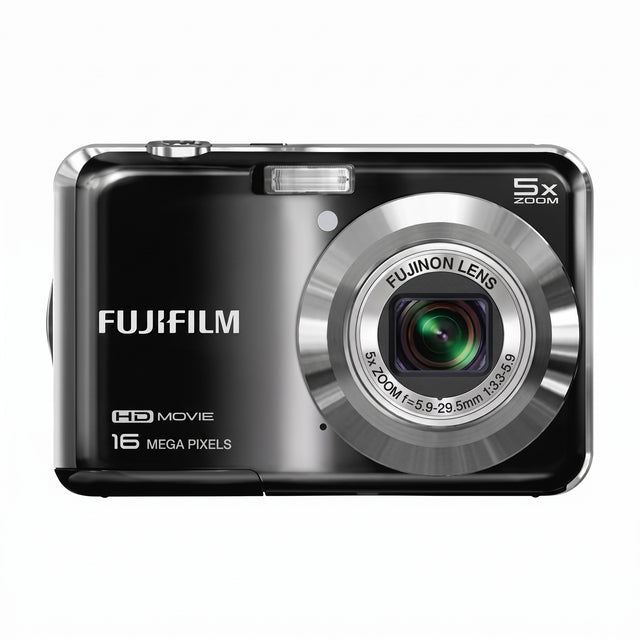 Fujifilm FinePix AX650 compactcamera, zwart, voorkant met 5x Fujinon-zoomlens en opschrift 16 megapixels, tweedehands