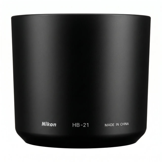 Nikon HB-21 zonnekap voor AF Zoom-Nikkor 75-240mm f/4.5-5.6D, zwart, zijkant met opdruk HB-21, tweedehands