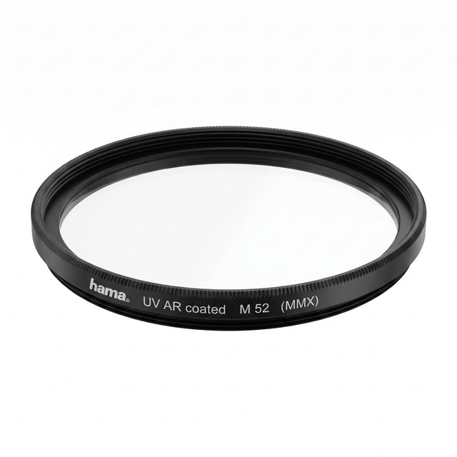 Hama UV filter 52mm met zwarte metalen vatting en opdruk M 52 (MMX), los filter schuin van voren