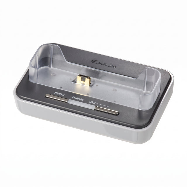 Casio Exilim USB cradle CA-26 voor EX-Z750, grijs laadstation met transparante houder en PHOTO-, CHARGE- en USB-knop, tweedehands