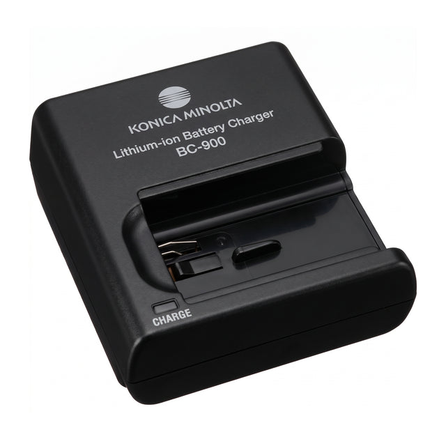 Konica Minolta BC-900 acculader voor NP-800, zwarte lithium-ion battery charger met leeg laadvak en CHARGE-lampje