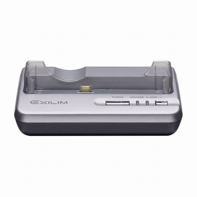Casio Exilim USB cradle CA-24 voor EX-Z30, EX-Z40, EX-Z50 en EX-Z55, zilver laadstation met transparante houder en PHOTO-, CHARGE- en USB-knop, zonder stroomadapter